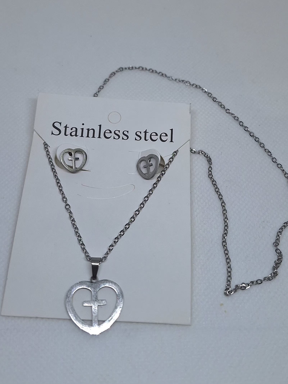 Stainless Steel Heart Cross Necklace and Earring Set - Silver